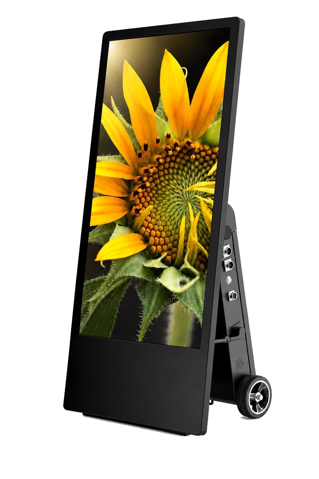 Áčko Battery 43″ – exteriér digitální panel se slunečnicí na displeji